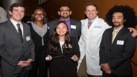 BME Capstone Design Team TraceLess is joined by its sponsor, Emory interventional radiologist Charles Gilliland. Pictured (left to right): Corey Marple, Carolyn Darrell, Kelly In, Parth Patel, Gilliland, and Sumi Marion.