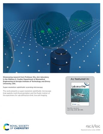 Back cover of the third 2021 issue of the journal Lab on a Chip, featuring an illustration of Shu Jia's super-resolution optofluidic scanning microscopy.