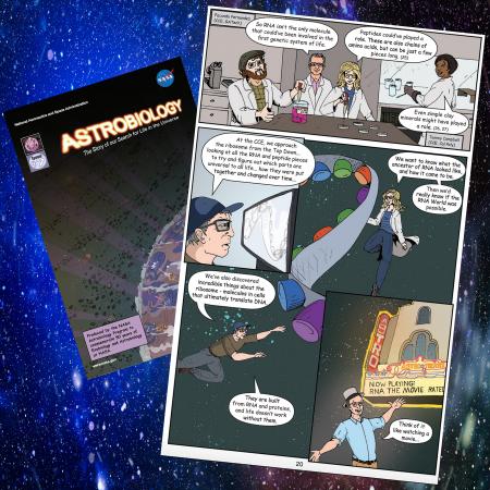 Petit Institute researchers were given the comic book treatment by NASA. The top panel features (from left) Bradley Burcar, Facundo Fernandez, and Martha Grover. Below that are panels featuring renderings of Loren Williams, Nick Hud, and Grover in outer space.