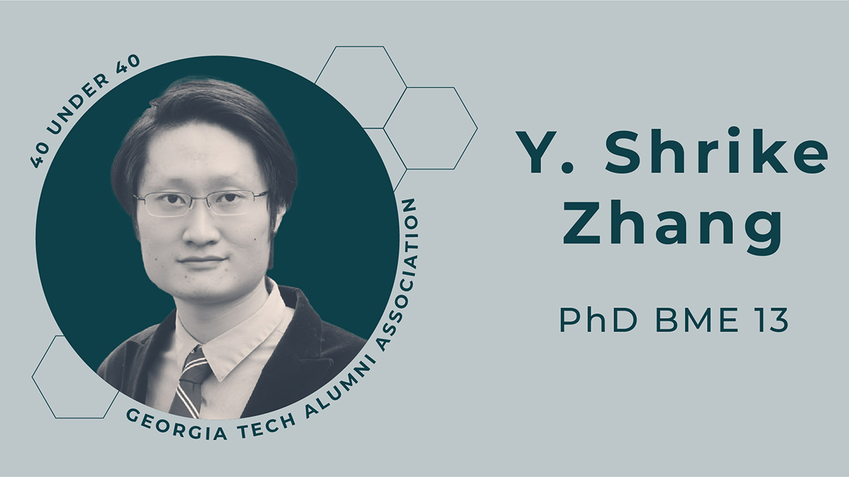 Round headshot with text: Y. Shrike Zhang, PhD BME 13