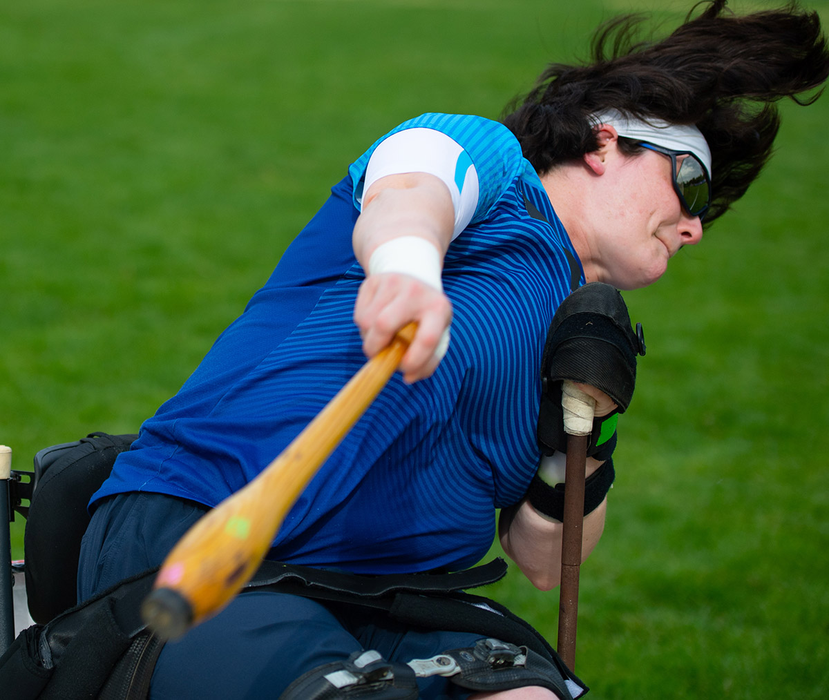 Cassie Mitchell in the midst of her club throw at the U.S. Paralympic Track & Field Trials in June.
