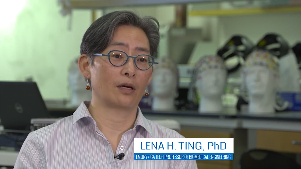 Lena Ting in her lab with a lower third: Lena H. Ting, PhD, Emory/GA Tech Professor of Biomedical Engineering