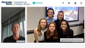 The first-place biomedical engineering team with advisor James Stubbs on the Gatherly platform after the Spring 2021 Capstone Design Expo. In the front row, left to right, are Team Milk Maids members Emma Kate Costanza, Brielle Lonsberry, and Simran Dhal. In the back are Austin Stachowski, left, and Amanda Wijntjes.