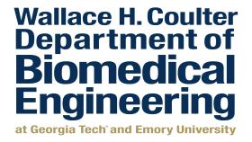Image of Coulter BME logo with the words "Wallace H. Coulter Department of Biomedical Engineering" stacked on top of each other in blue and at the bottom of the image in Gold is the words "Georgia Tech and Emory University"