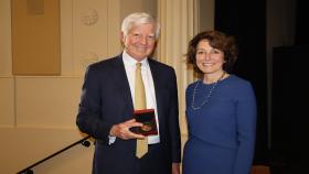 William (Bill) W. George, former chairman and CEO of Medtronic, delivered the Wallace H. Coulter Department of Biomedical Engineering’s distinguished lecture at the Academy of Medicine in Atlanta, Georgia. Pictured with BME chair Susan Margulies.