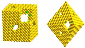 Researchers have developed a technique for producing platinum hollow nanocages with ultra-thin walls that could dramatically reduce the amount of the costly metal needed to provide catalytic activity in such applications as fuel cells. The image shows models of the (left) cubic and (octahedral) nanocages, whose surfaces are covered by atoms in square and hexagonal arrays, respectively. The yellow spheres correspond to platinum atoms while the green spheres indicate a small fraction of palladium atoms remain