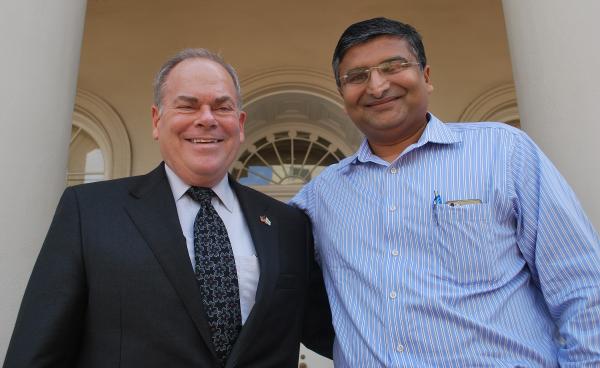 Steve Cross, Georgia Tech's executive vice president for research, and Jaydev Desai, Petit Institute researcher and Coulter Department professor, meet at the inaugural International Symposium for Medical Robotics.