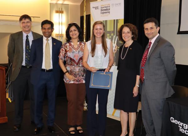 The Dr. G.D. Jain Outstanding Senior Award for the Coulter Department of Biomedical Engineering went to Morgan Stephens in the Coulter (third from right). She is flanked by (left to right) Joe Le Doux, Karun Jain, Seema Jain, Susan Margulies, and Essy Behravesh.