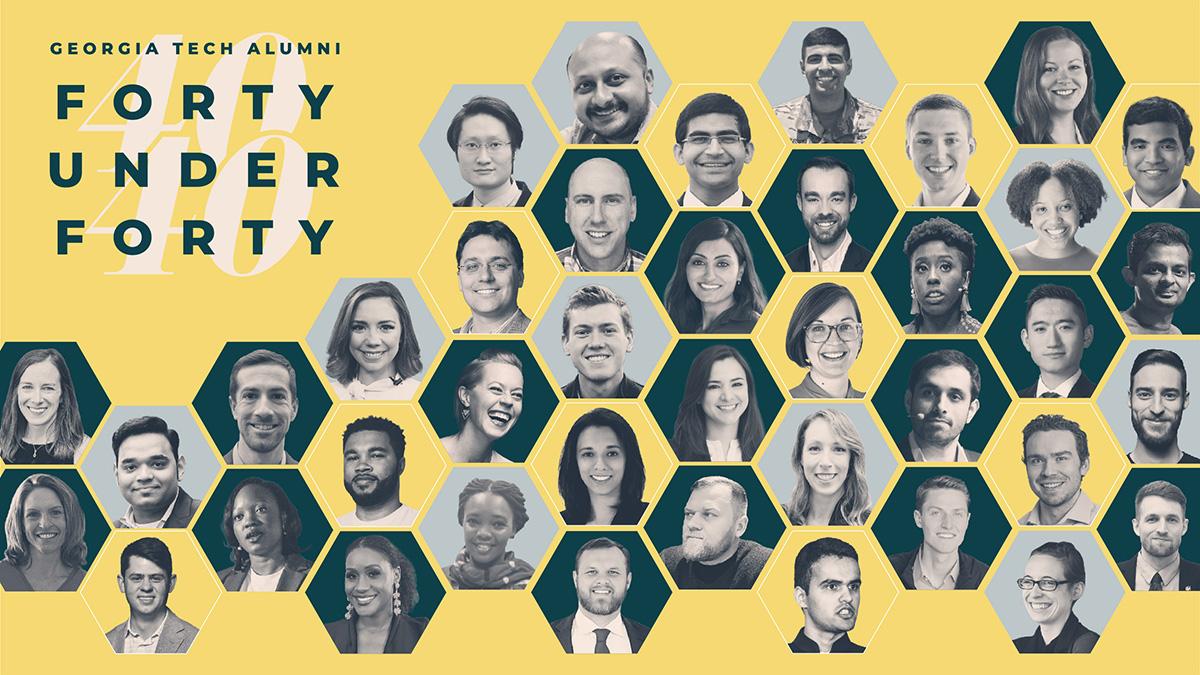 Georgia Tech Alumni Association 40 Under 40 graphic with all honorees in hexagonal headshots on a yellow background.
