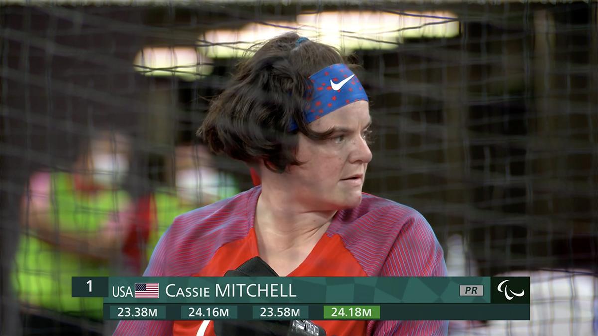 This screenshot of the competition livestream highlights Mitchell's American record throw of 24.18 meters, a personal best that also won her the silver medal.