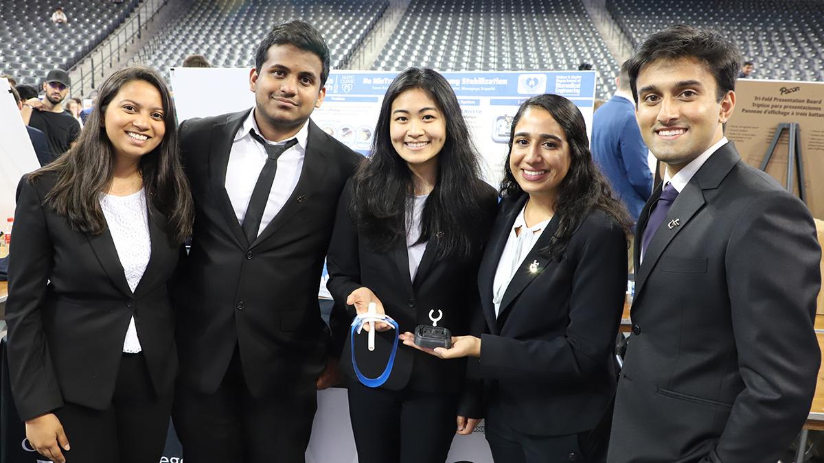 Team No MisTraches created a three-part system to improve outcomes for patients with a tracheostomy — an artificial airway created with a surgical incision in the trachea to allow for a breathing tube. The team included, from left, Manognya Sripathi, Karan Kaimal, Amy Liu, Ameera Patel, and Advay Mahajan. (Photo: Joshua Stewart)
