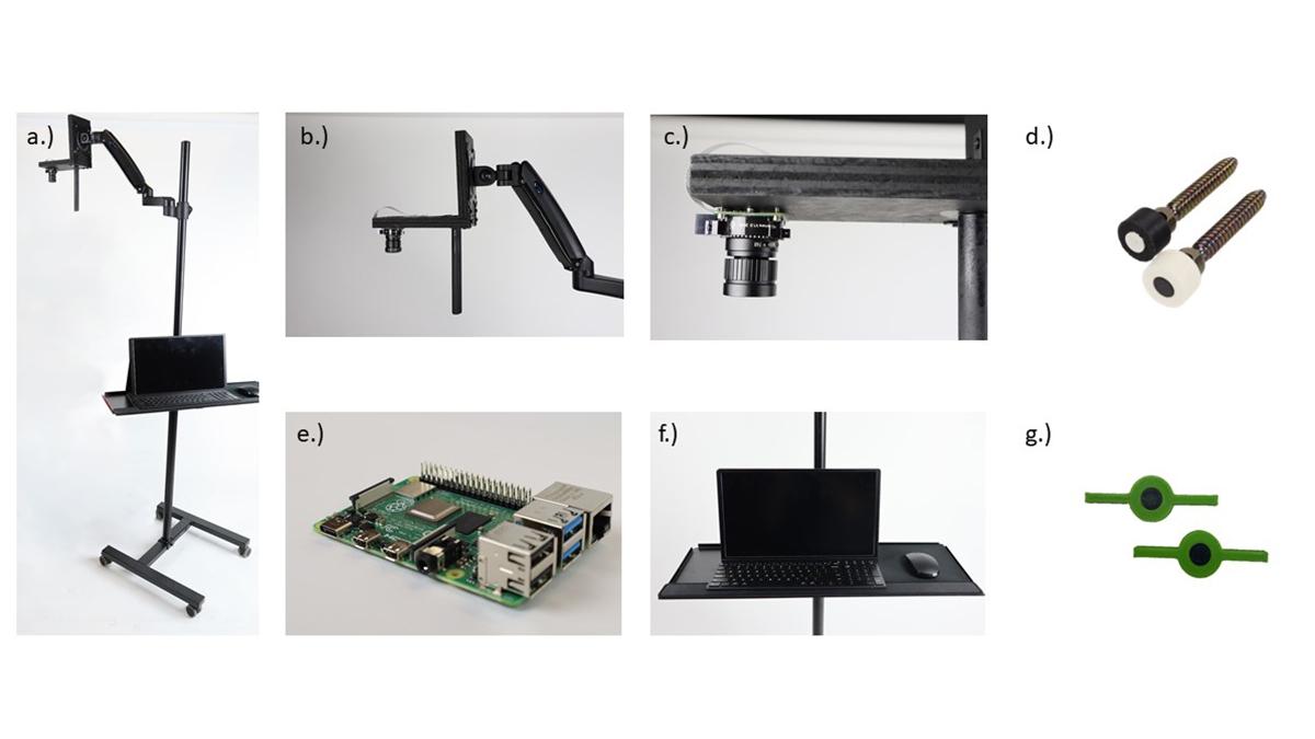 A figure from the journal paper breaking down the pieces of the team’s device to semi-automatically measure spine alignment during scoliosis correction surgery. The prototype uses a camera, 3D-printed markers placed along the spine (images marked D and G), and a custom deep learning algorithm. (Photo Courtesy: Yoel Alperin, Parth Gami, Sindhu Kannappan, and Kelly Qiu.)