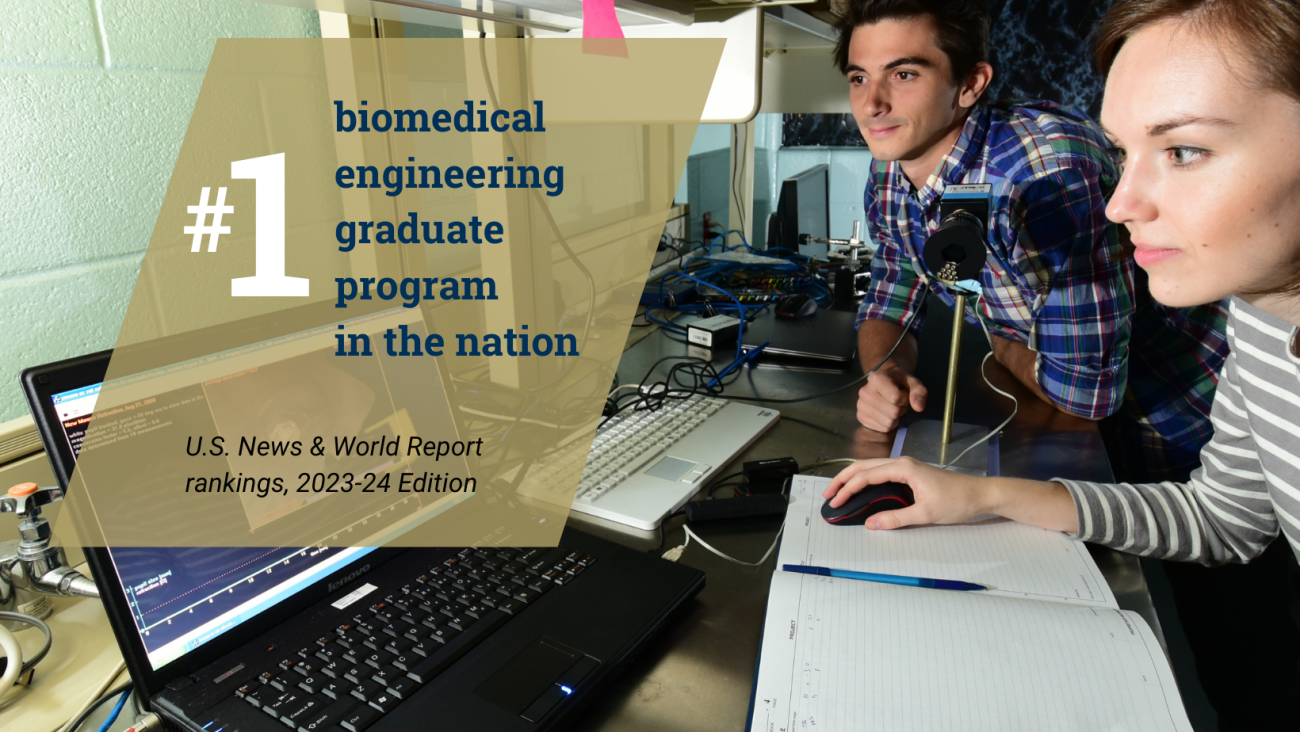Graphic of one female student and one male student looking at a computer in a lab. A text box on top of the image says number 1 biomedical engineering graduate program in the nation