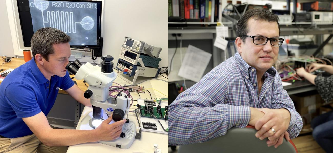 Photos of two researchers. The photo on the left is of Jeff Schulz looking through a microscope. The photo on the right is of Rafael Davalos.