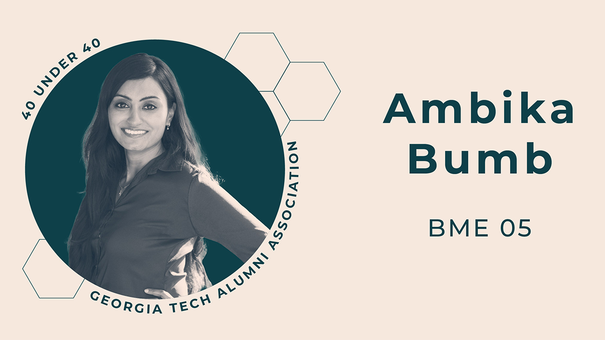 Round headshot with text: Ambika Bumb, BME 05