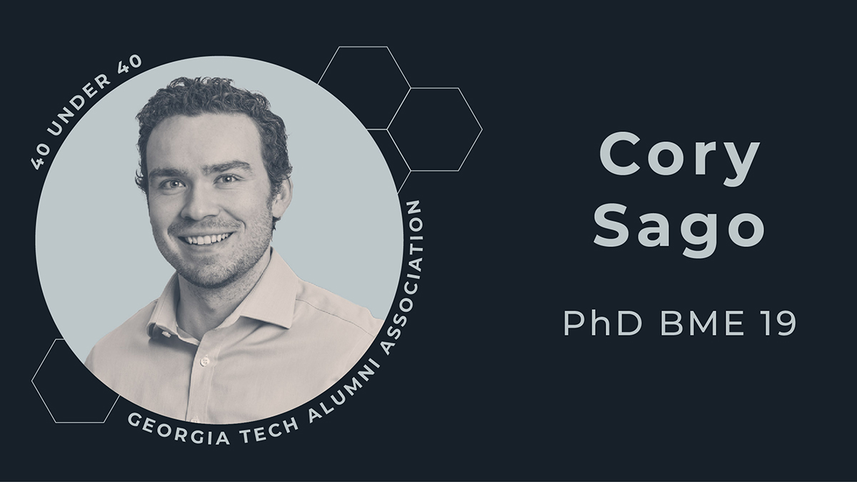 Round headshot with text: Cory Sago, PhD BME 19