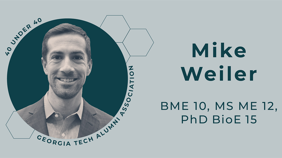 Round headshot with text: Mike Weiler, BME 10, MS ME 12, PhD BioE 15