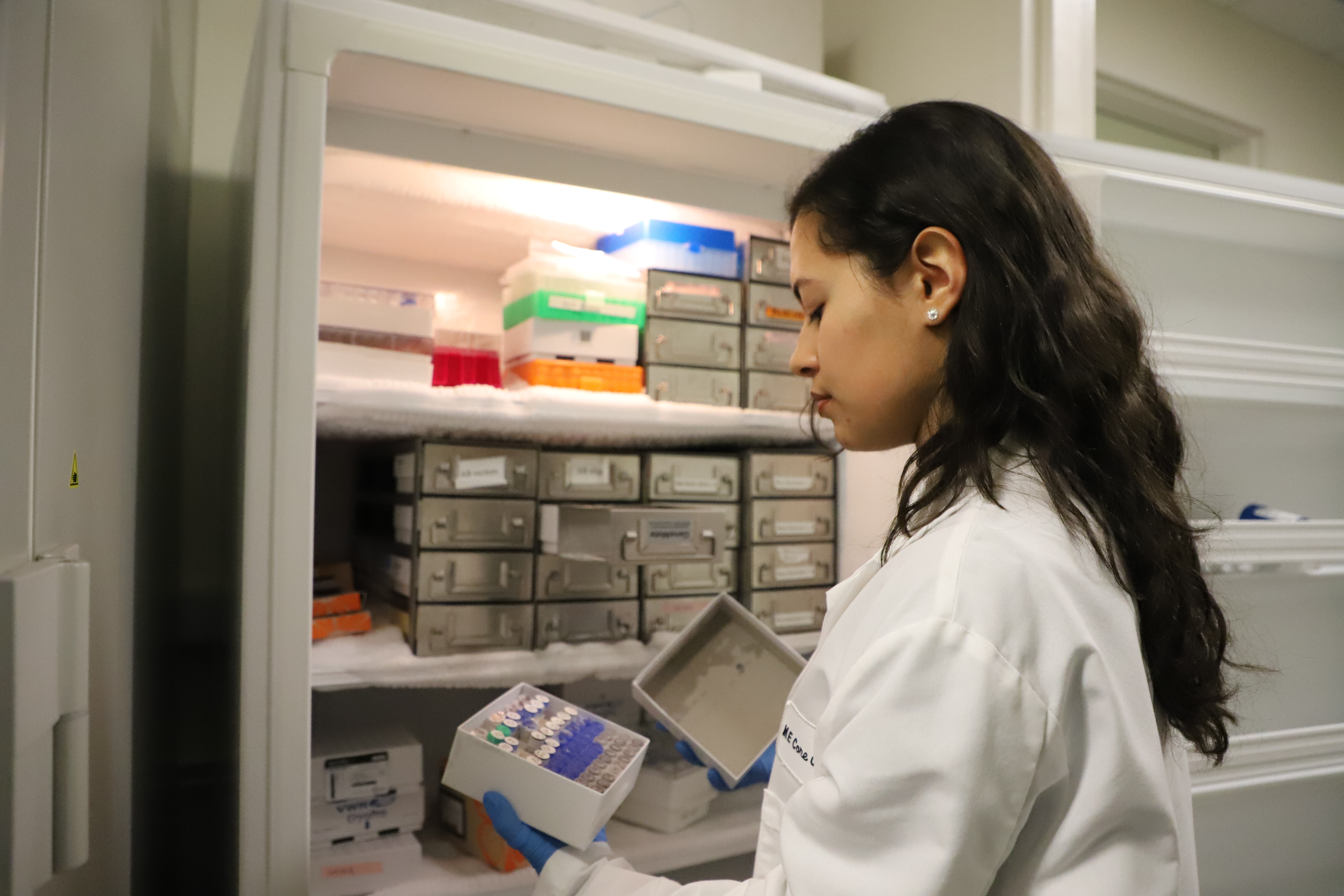 Hispanic female student wearing a lab coat and blue gloves kneeling in front of a refrigerator with DNA samples. She is holding a box of samples.