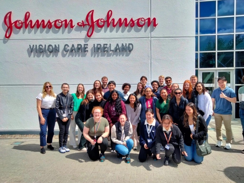 A group photo of students and faculty from the 2024 cohort of the Coulter BME Galway study abroad trip posing in front of the Johnson and Johnson building in Ireland.