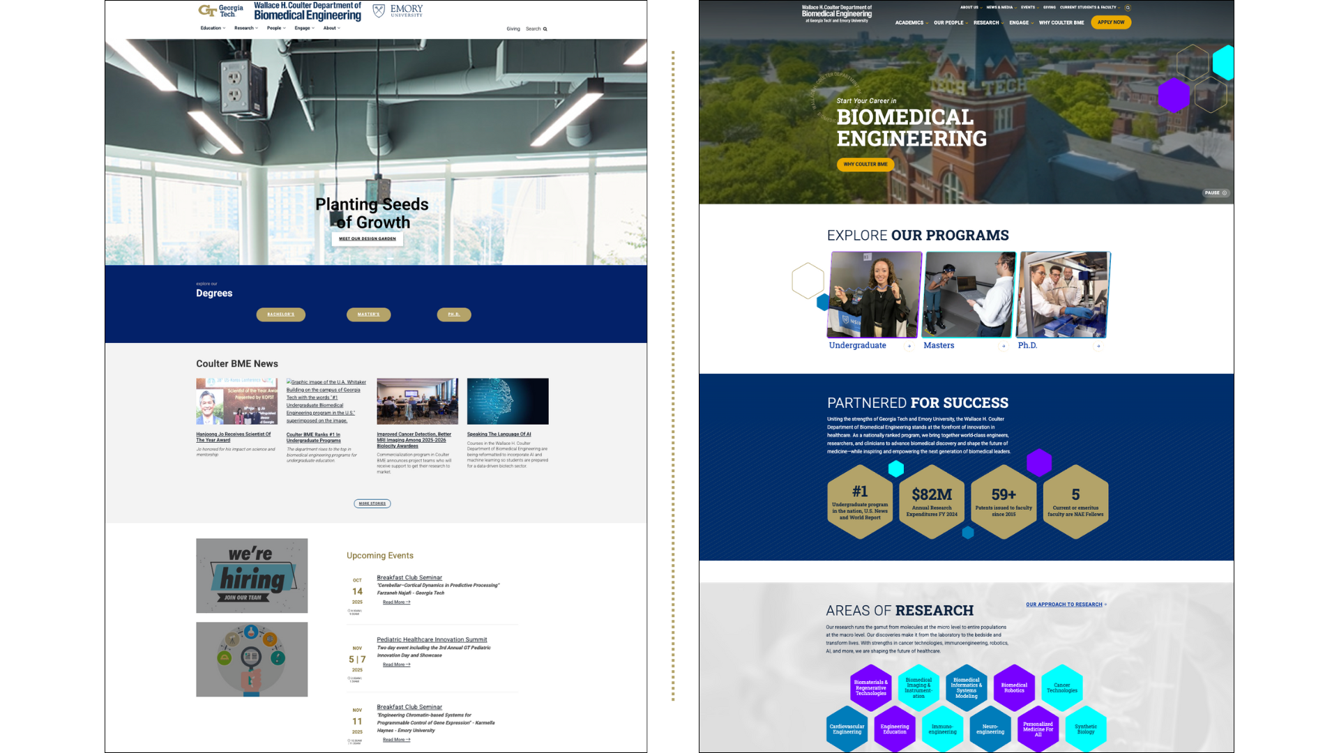Photo of screenshots of both the old website homepage design next to the new website homepage design.
