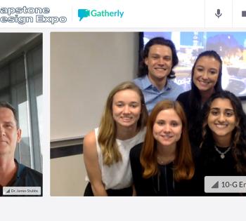 The first-place biomedical engineering team with advisor James Stubbs on the Gatherly platform after the Spring 2021 Capstone Design Expo. In the front row, left to right, are Team Milk Maids members Emma Kate Costanza, Brielle Lonsberry, and Simran Dhal. In the back are Austin Stachowski, left, and Amanda Wijntjes.