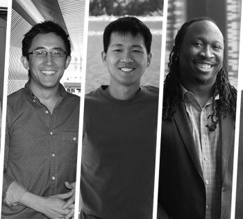 Newly appointed distinguished faculty fellows in the Wallace H. Coulter Department of Biomedical Engineering. From left, May Dongmei Wang, Gabe Kwong, Peng Qiu, Manu Platt, and Jaydev Desai.