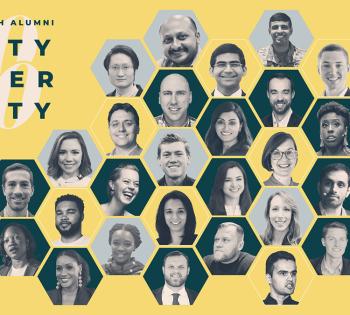 Georgia Tech Alumni Association 40 Under 40 graphic with all honorees in hexagonal headshots on a yellow background.