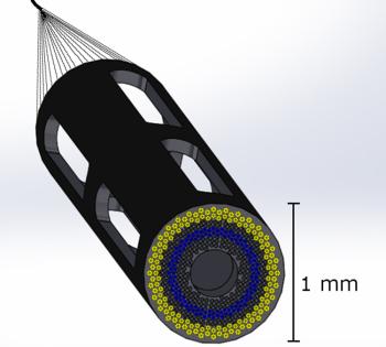 Proposed design of a 1mm catheter-based ultrasound device designed to simultaneously measure plaque composition, artery structure, and hemodynamics in 3D in coronary arteries. The device minimizes disturbances to blood flow from the catheter itself. Assistant Professor Brooks Lindsey is leading a new $2.5 million project to develop the device, which will help doctors assess whether patients need aggressive treatment to prevent a heart attack. (Image Courtesy: Brooks Lindsey)