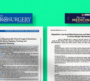 Illustration of two published papers with journal names, Operative Neurosurgery and Military Medicine. (Illustration: Manit Rambhia)