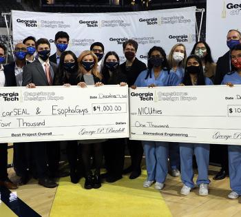 Biomedical engineering teams won both of the top project awards at the Fall 2021 Capstone Design Expo Dec. 7. For the first time, two teams won Best Overall Project —Team EsophaGuys for the online version of the expo and Team carSEAL for the in-person. The top BME team award went to NICUties. (Photo: Joshua Stewart)