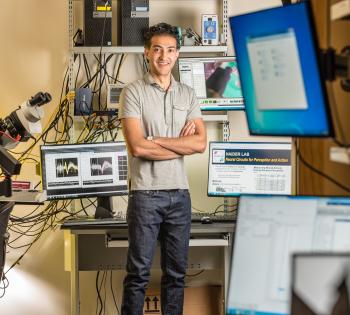 Bilal Haider stands in his lab. (Photo: Gary Meek)