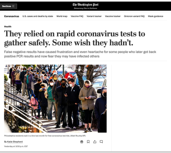 Screenshot of Washington Post story, "They relied on rapid coronavirus test to gather safely. Some wish they hadn't."