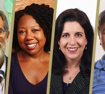 These BME faculty members are developing new models to study health disparities. Left to right are C. Ross Ethier, Karmella Haynes, Michelle LaPlaca, and Cheng Zhu.