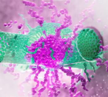 A magenta and green artist's rendering of Serpooshan's 3D printed pediatric neuroblastoma model.