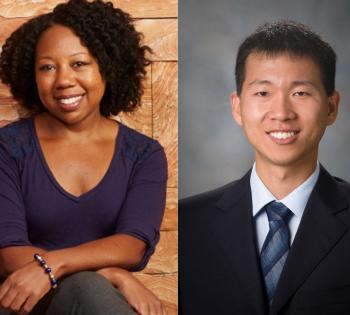 Two headshot photos of professors. Karmella Haynes is the left photo and Peng Qiu is the right photo.