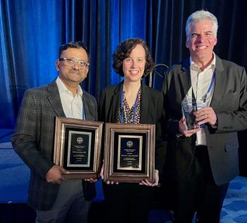 Photo of three Georgia Tech faculty holding award plaques. From left to right: Krishnendu Roy, Johnna Temenoff, and Andres Garcia.