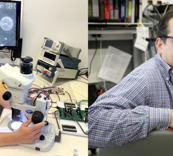 Photos of two researchers. The photo on the left is of Jeff Schulz looking through a microscope. The photo on the right is of Rafael Davalos.