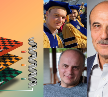 Collage photo; clockwise from left to right: Schematic illustration of the data processing flow in the GeneMark-ETP and BRAKER3 algorithms; photo of Dr. Tomas Bruna; photo of Dr. Mark Borodovsky; and photo of Alex Lomsadze.