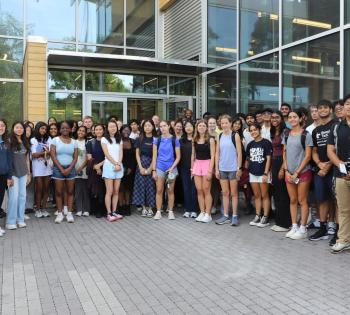 Group photo of biomedical engineering students standing outside.