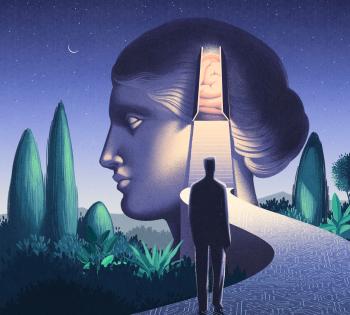Stylized illustration of the side profile of a woman in the background painted in blues and purples with a door opening where her brain would be. The door has a winding path that leads down and away from her head toward the foreground of the illustration where a man whose back is turned away from the viewer is standing at the end of the path like a shadowy figure. There are green topiary bushes on both sides of the path. This picture is titled "Gateway to Memory" and relates to Dr. Singer's research.