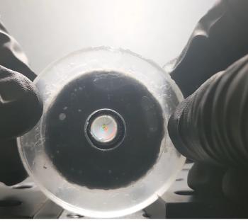 A photo of the photoresponsive hydrogel soft lens developed by researchers in Coulter BME Prof. Shu Jia's lab. 