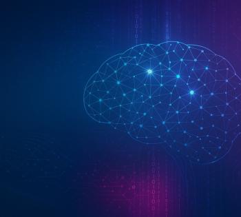 Graphic of an abstract, AI-driven design featuring a glowing brain silhouette with interconnected neural nodes and data streams in the background.