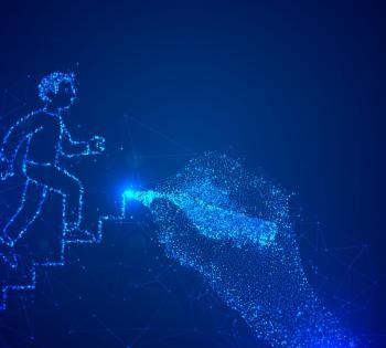 Digital graphic of a pixelated male figure walking up a set of stairs as a hand draws the stands at the same time.