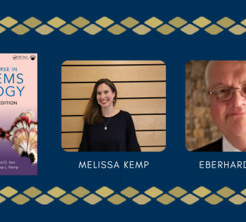 A graphic image of a pink textbook titled "A First Course in Systems Biology" along with headshot photos of co-authors and Coulter BME faculty members Melissa Kemp and Eberhard Voit.