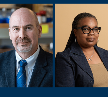 Side-by-side portraits of two faculty members, one photographed in a laboratory environment and the other against a neutral backdrop.