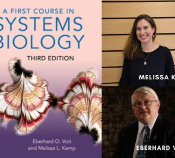 Photo of the cover of the Systems Biology textbook next to a photo of co-author Melissa Kemp and co-author Eberhard Voit.