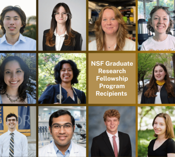 Graphic featuring 10 student portrait photos surrounding the text, “NSF Graduate Research Fellowship Program Recipients,” in a gold center panel. Black and gold accents frame the collage.