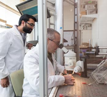 Lead researcher Yogi Patel (standing), and principal investigator Robert Butera in Butera's lab at Georgia Tech.  Credit: Georgia Tech / Rob Felt