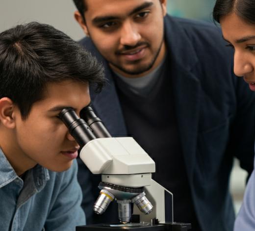 Students peering into a microscope