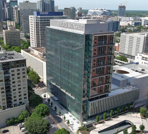 Aerial photo of the Midtown building of the Emory Winship Cancer Institute 